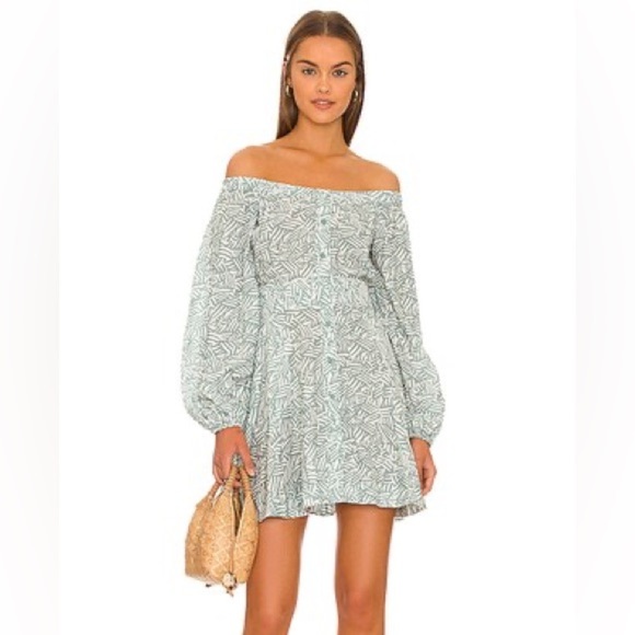 Johnathan Simkhai Bronte Off-the-Shoulder Belted Mini Dress in Palm Leaf Size L - Picture 1 of 11
